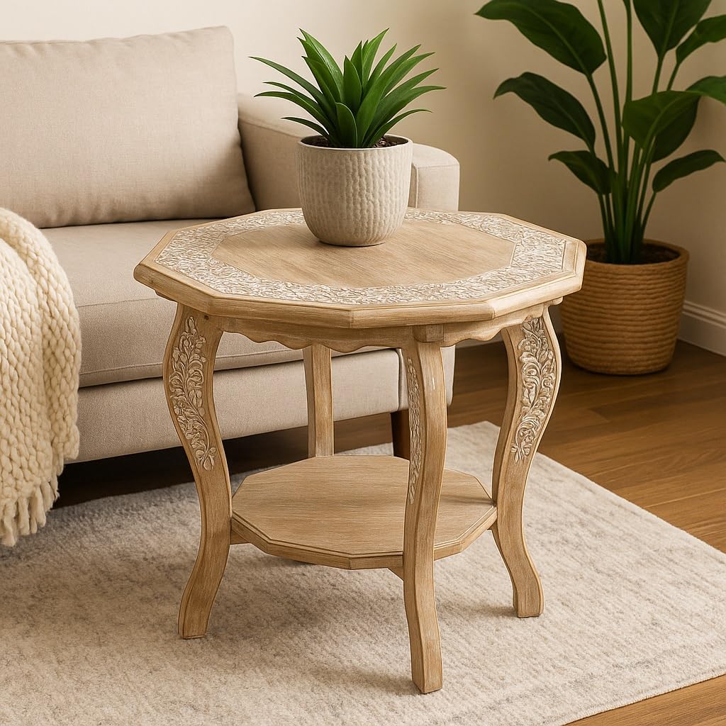 Hand Carved Wooden Octagon Coffee Table, 24"x24"x18" White wash Farmhouse Accent End Table, Rustic Foldable Side Table Nightstand for Bedroom, Dining Room & Living Room