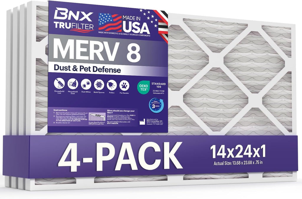 BNX TruFilter 14x24x1 Air Filter MERV 8 (4-Pack) - MADE IN USA – Dust & Pet Defense Air Conditioner HVAC AC Furnace Filters for Dust, Pet, Mold, Pollen MPR 600 – 700 & FPR 5