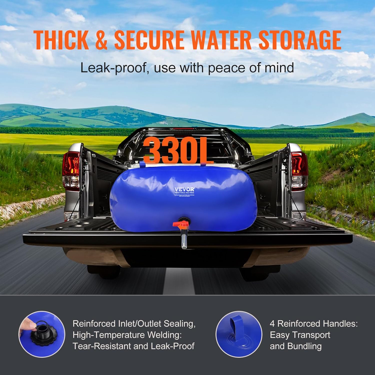 VEVOR 330L/87.17 Gallon Water Storage Bladder, RV Water Tank, 1000D Blue PVC Collapsible Water Storage Containers, Large Capacity Soft Water Bag, Portable Water Bladder, for Garden Irrigation, Camping