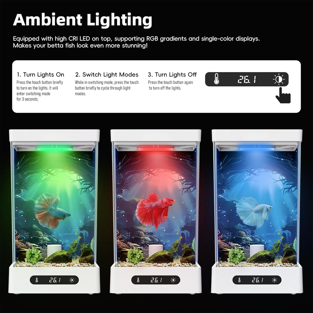 Small Shrimp Tank, 0.42 Gal Mini Fish Tank, Smart Automatic Heating, Easy Water Change Valve, and Energy-Efficient LED Lighting - Perfect for Office, Home, and Bedrooms, Single Betta Fish Only