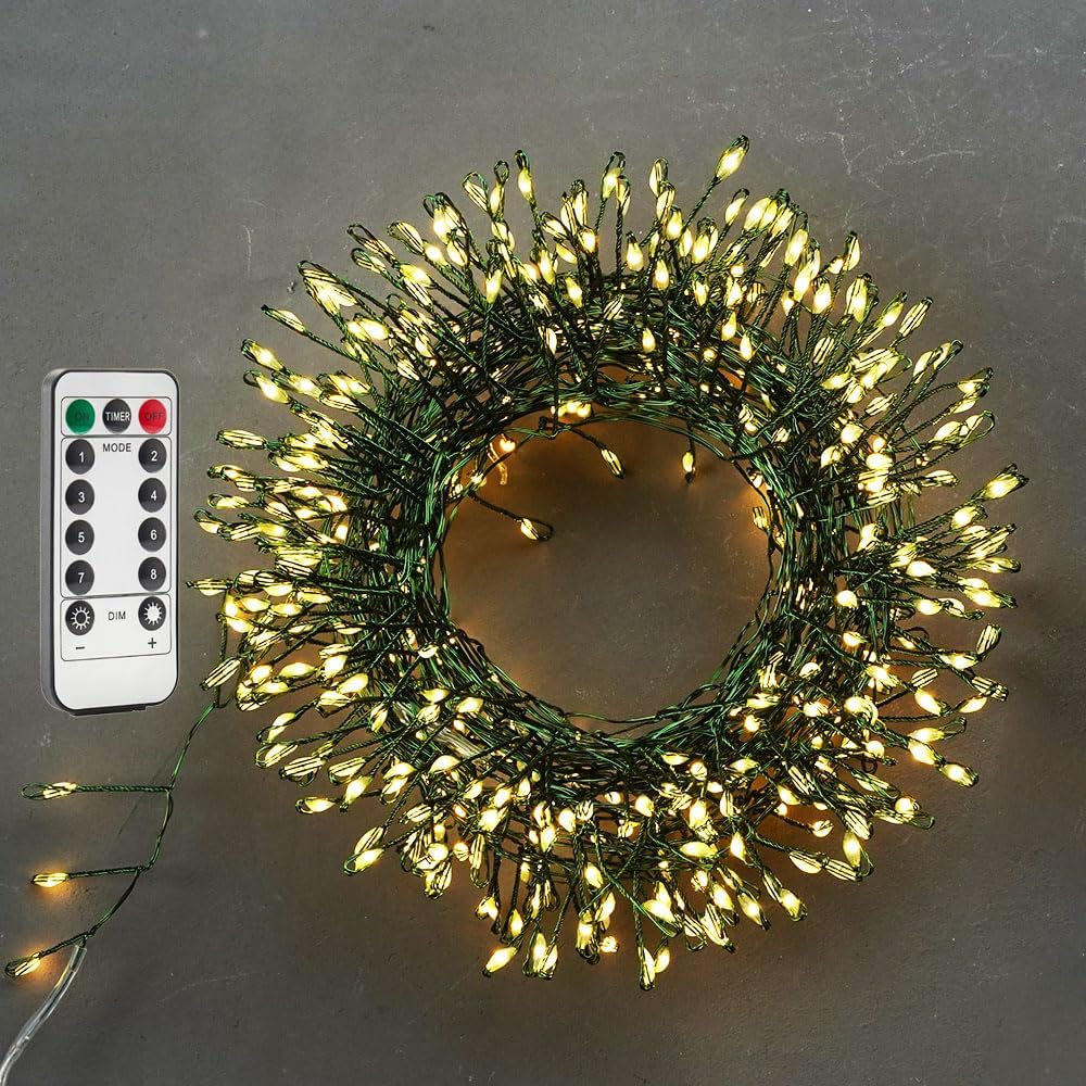 Firecracker Fairy Lights Plug in,100ft 1000LEDs Green Wire Cluster String Lights,Waterproof 8 Modes Remote Twinkle Light for Outdoor Indoor Garden Bedroom Christmas Tree Holiday,Warm White
