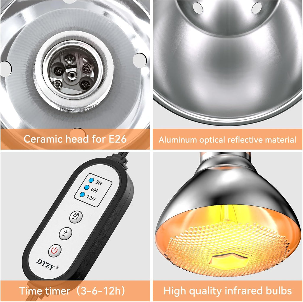 Reptile Light Fixture,7inch Deep Dome Reptile Light Fixture with 3/6/12 Timer,Infrared Reptile Heat Lamp Max 150W Blub, for Turtle Bearded Dragon Lizards Snake, 1PCS 150W Bulb Included