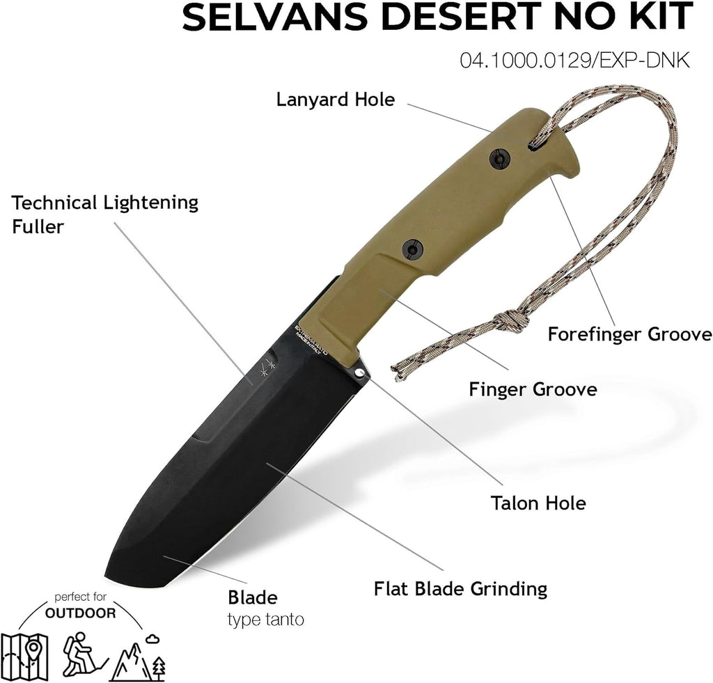Extrema Ratio - Selvans (Desert) Fixed Blade Knife, Böhler N690 Steel Blade Hardened to 58 HRC, Burnished Finish, Full-Tang Design, Ergonomic Forprene Handle, Precision Handcrafted in Italy, Durable Outdoor Knife