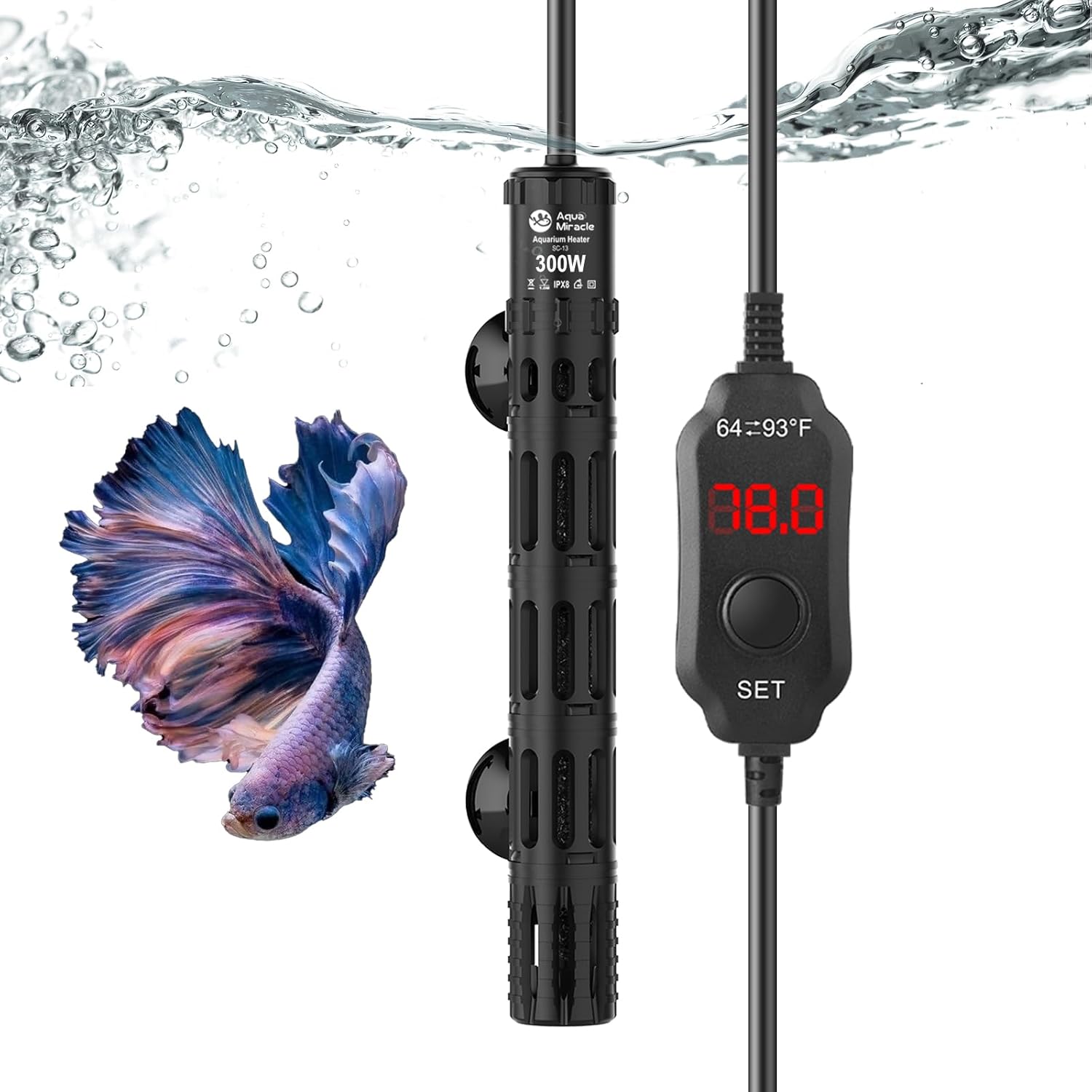 AquaMiracle Aquarium Heater with LED Digital Display Thermostat, Adjustable Fish Tank Heater with Protective Housing, Fish Heaters Turtle Tank Heaters for 40-75 Gallon Tanks(300W)