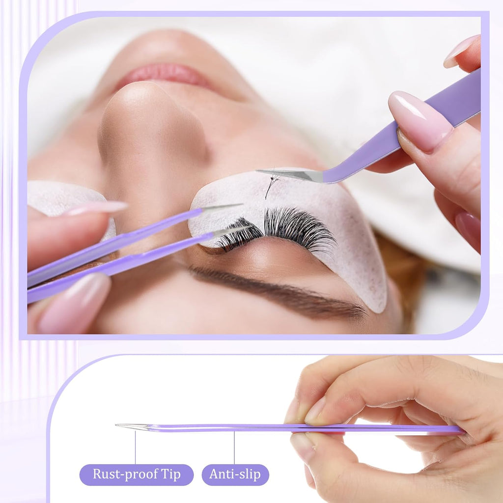 Honoson 9 Pieces Curved Pointed Craft Tweezers Stainless Steel Precision Tweezer with Protective Cover for Rhinestones Dried Flowers Craft Stickers Eyelash Extension Jewelry Making(Purple)