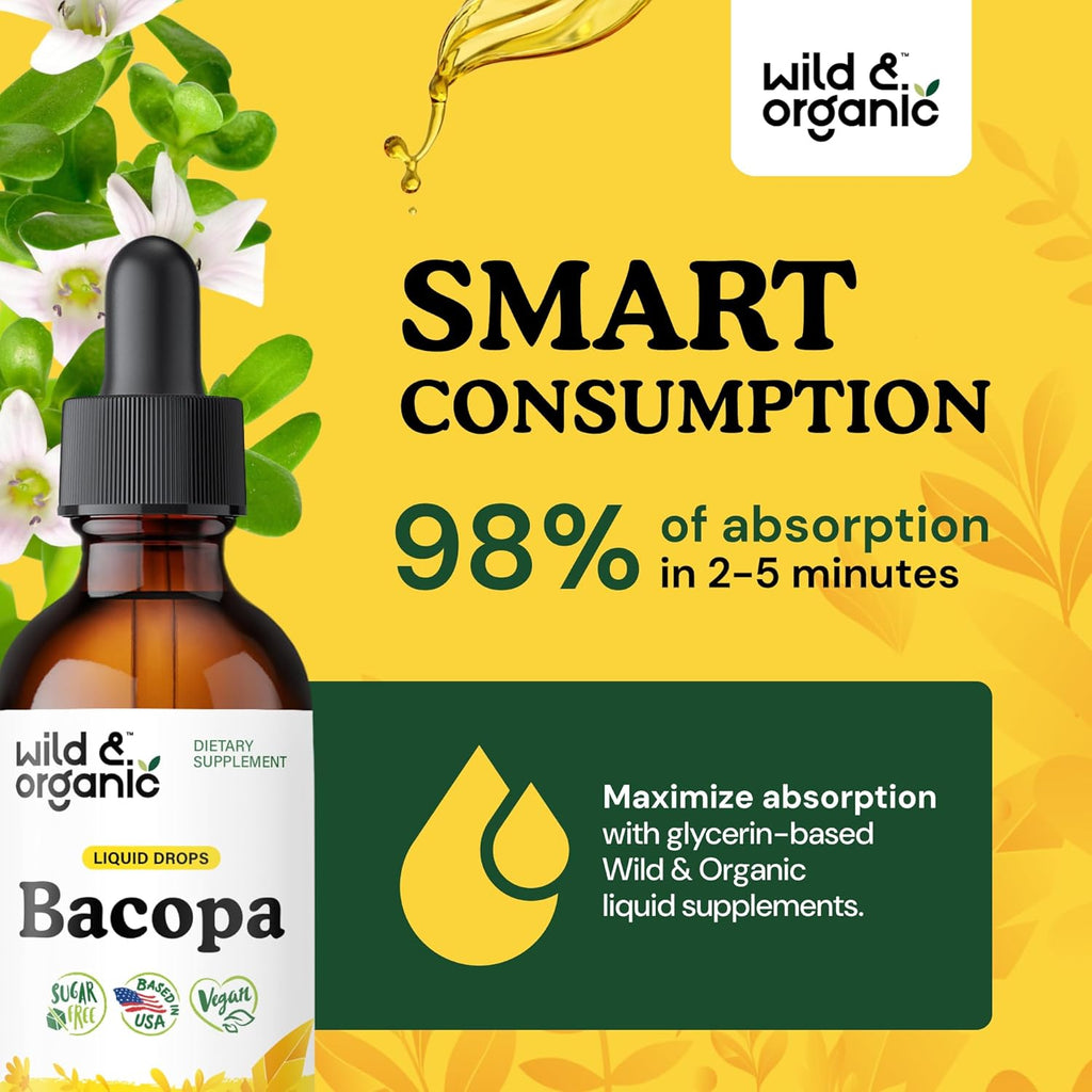 Wild & Organic Bacopa Tincture - Supports Calm, Focus, Clarity - Bacopa Monnieri Supplement Liquid - Alcohol-Free Drops with Brahmi Extract - Vegan, Sugar-Free - 2-Month Supply - 2 fl oz