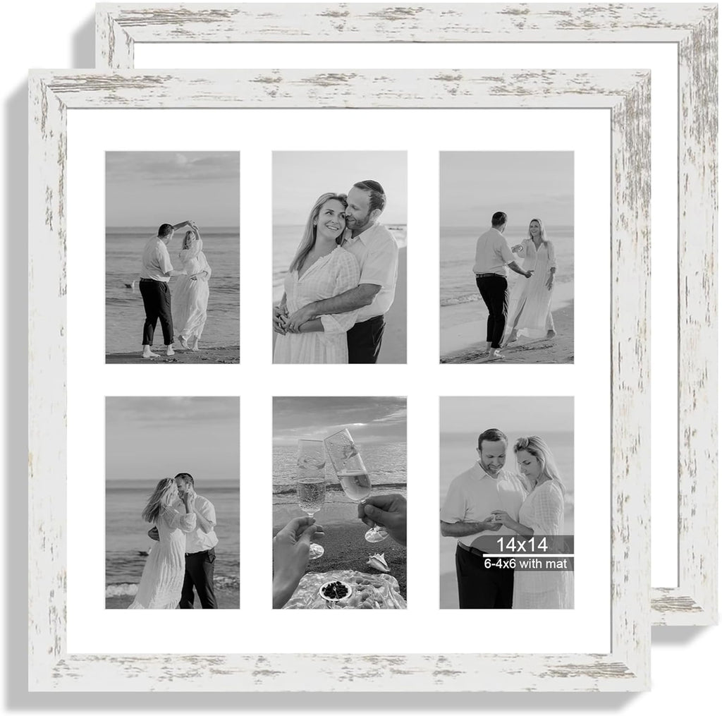 14x14 Picture Frame Set of 2, Distressed White with Glass Collage Frame, Display Photo Six Opening 4x6 With Mat or 14 x 14 Without Mat - Horizontal or Vertical Wall Mounting