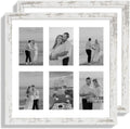 14x14 Picture Frame Set of 2, Distressed White with Glass Collage Frame, Display Photo Six Opening 4x6 With Mat or 14 x 14 Without Mat - Horizontal or Vertical Wall Mounting