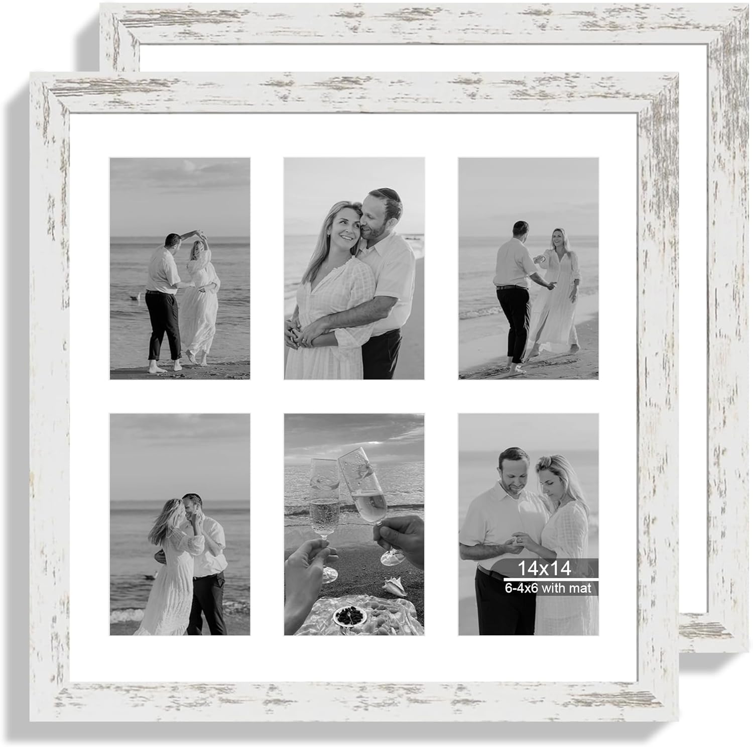 14x14 Picture Frame Set of 2, Distressed White with Glass Collage Frame, Display Photo Six Opening 4x6 With Mat or 14 x 14 Without Mat - Horizontal or Vertical Wall Mounting