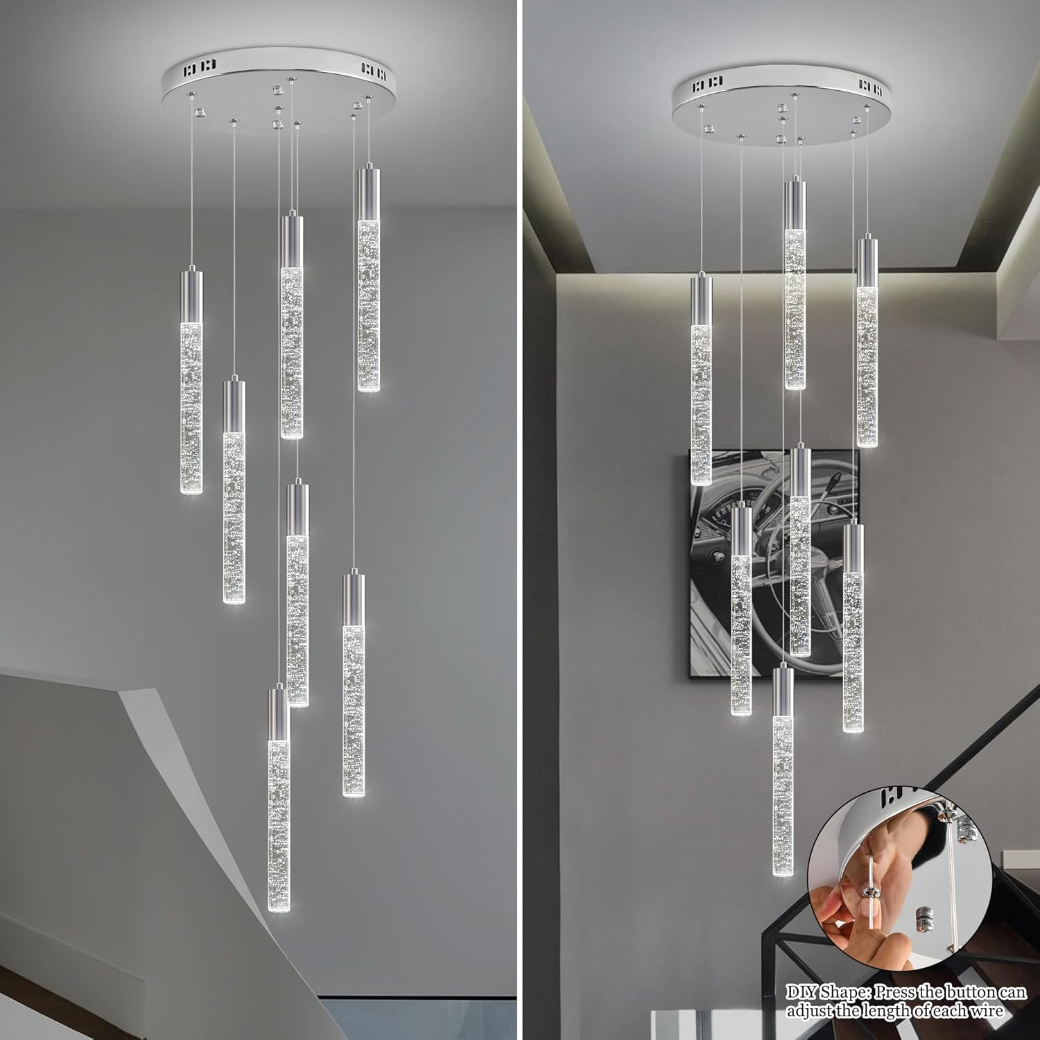 Modern High Ceiling Crystal Chandelier 7-Lights, Spiral LED Raindrop Foyer Pendant Lighting, Bubble Staircase Living Room Hanging Light Fixture Flush Mount Chrome