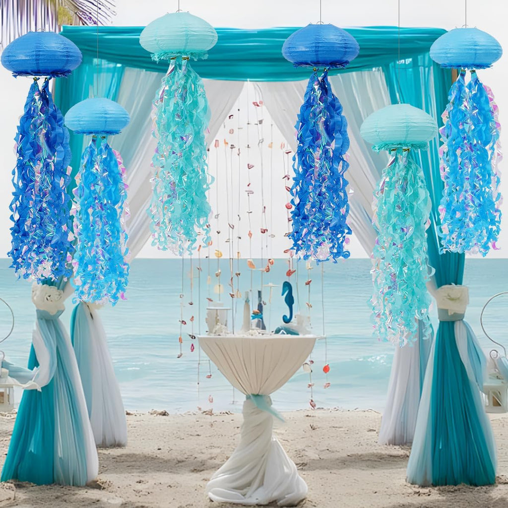 Mermaid Birthday Decorations, Jellyfish Paper Lanterns for Mermaid Party Under The Sea Baby Shower Ocean Blue Birthday Party Decorations Pack of 6 Blue