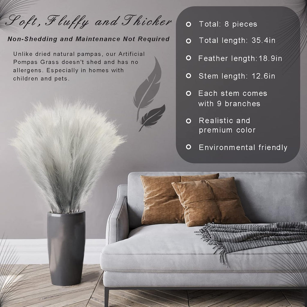8Pcs 3FT Grey Colorful Faux Pampas Grass for Boho Decor, KALYLOC Non-Shedding Fluffy Artificial Bulrush, Tall Reed Fluffy Stems Vase Filler Living Room Wedding Decoration