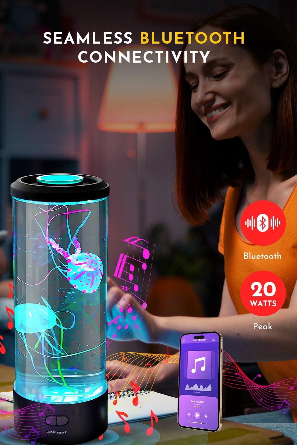 Brewish Jellyfish Lamp with 20W Bluetooth Speaker (Upgraded Motor 2025), 16 Color Changing Mood Lamp, 5 Modes Aquarium Night Light for Kids, Gift for Adults, Kids, Sensory Lights for Autistic Children