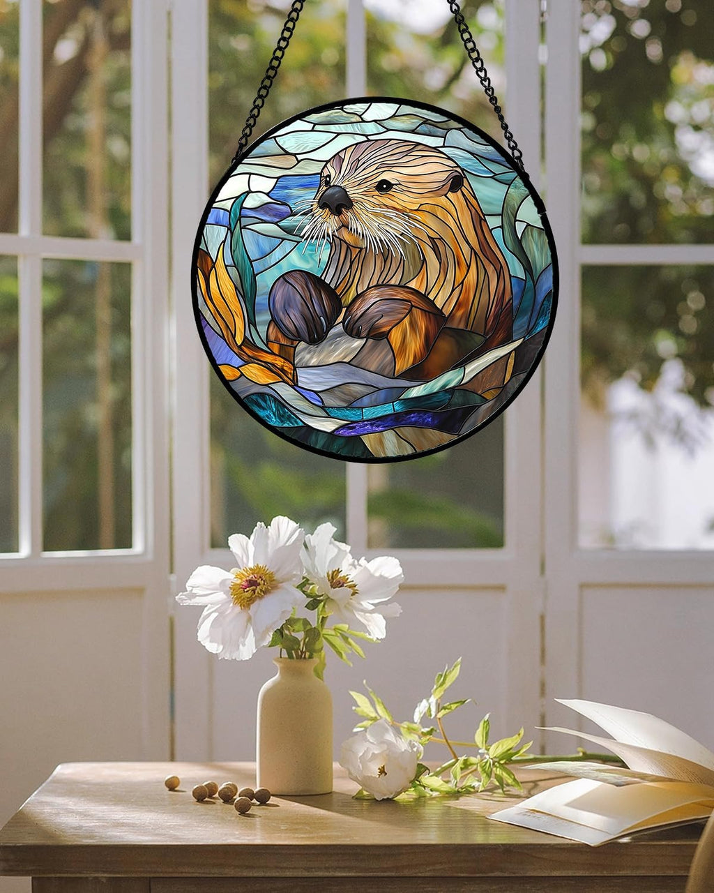 Stained Glass Suncatcher, Blue Ocean Cute Sea Otter Sun Catcher Stain Glass Window Hanging Decoration Mother's Day Birthday Gifts for Women Men Mom Nana 6.3 in