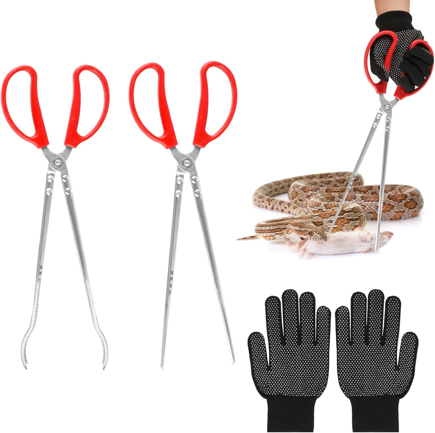 15 Inch Snake Feeding Tongs, 2 PCS Stainless Steel Reptile Tongs, Extra Long Large Tweezers for Bearded Dragon Ball Python Tank Accessories Terrarium Supplies With Gloves