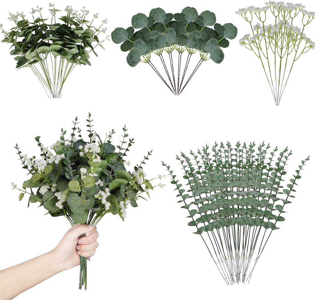 Artificial Eucalyptus Leaves Stems 120 Pcs 4 Kinds Mixed Fake Silver Dollar Eucalyptus Leaves Stem with Babysbreath Bulk Faux Leaf for DIY Bouquets Floral Arrangement Wedding Home Decor