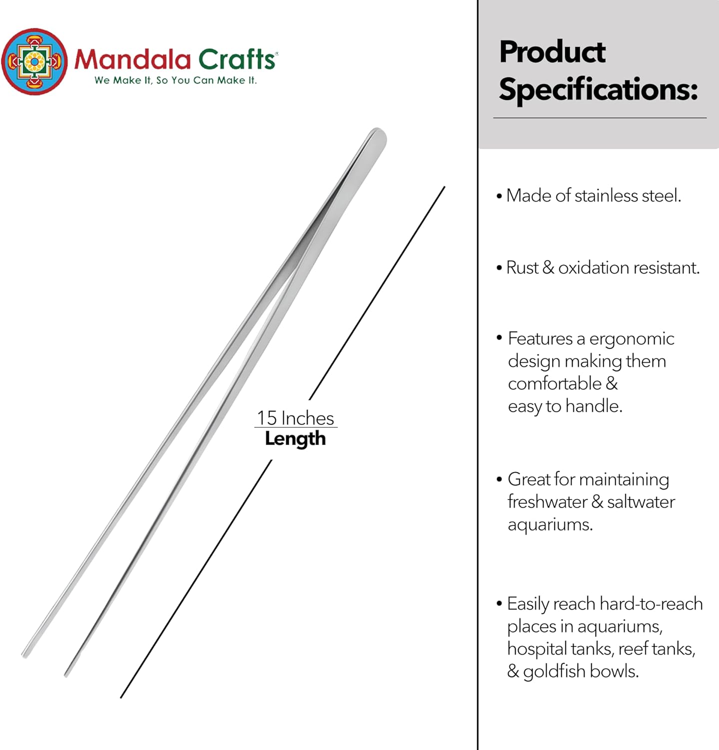 Mandala Crafts 15 Inches Silver Stainless Steel Straight Aquarium Tweezers for Aquatic Plants – Long Aquascape Forceps for Fish Tanks, Hospital Tanks, Goldfish Bowls, and Terrariums