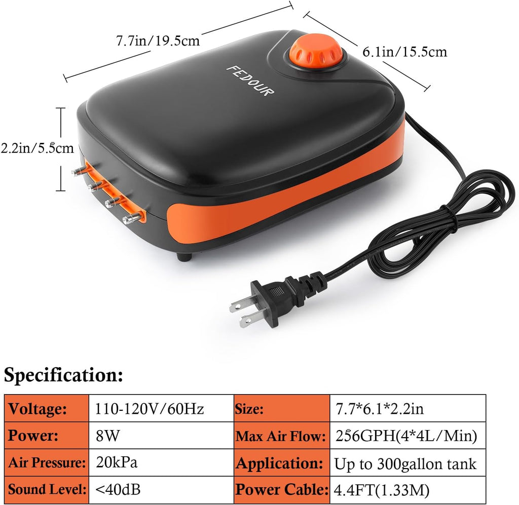 FEDOUR 4W/5W/8W Aquarium Corded Electric Air Pump, 96GPH/160GPH/256GPH Dual Outlets 4 Outlets Oxygen Pump, Ultra Quiet Aquarium Bubbler for up to 300 Gallon Fish and Turtle Tank