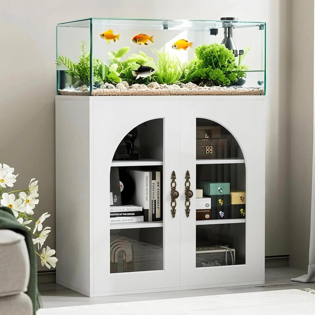 20-29 Gallon Fish Tank Stand with Adjustable Shelves, Glass Door Aquarium Stand with Storage Cabinet, 31x15 Reptile Terrarium Stand with Bronzed Metal Handles, Level Footings, 350 Lbs