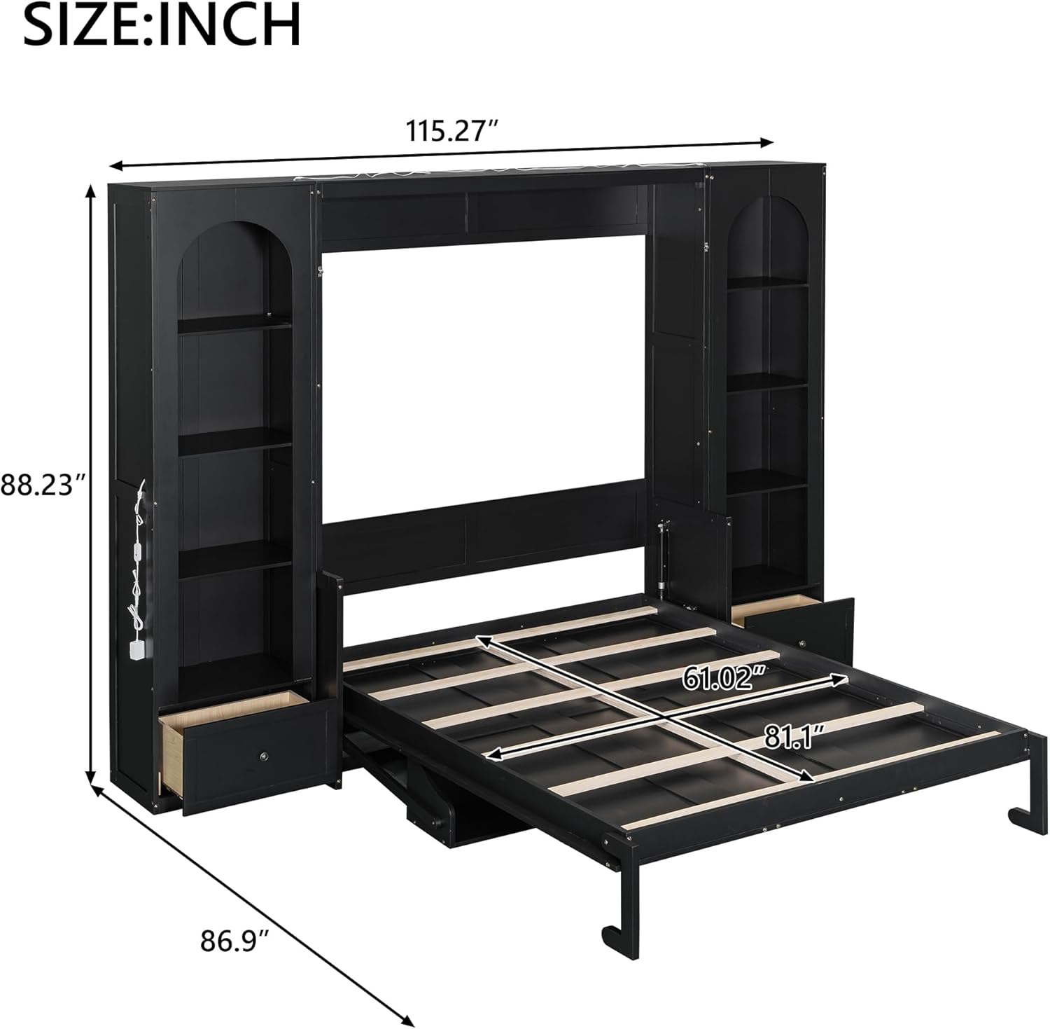 MERITLINE Queen Murphy Bed with Desk and Storage & LED Light, Solid Wood Hideaway Murphy Wall Bed with Storage Bookcase Shelves and Drawers for Adults (Black,Queen)