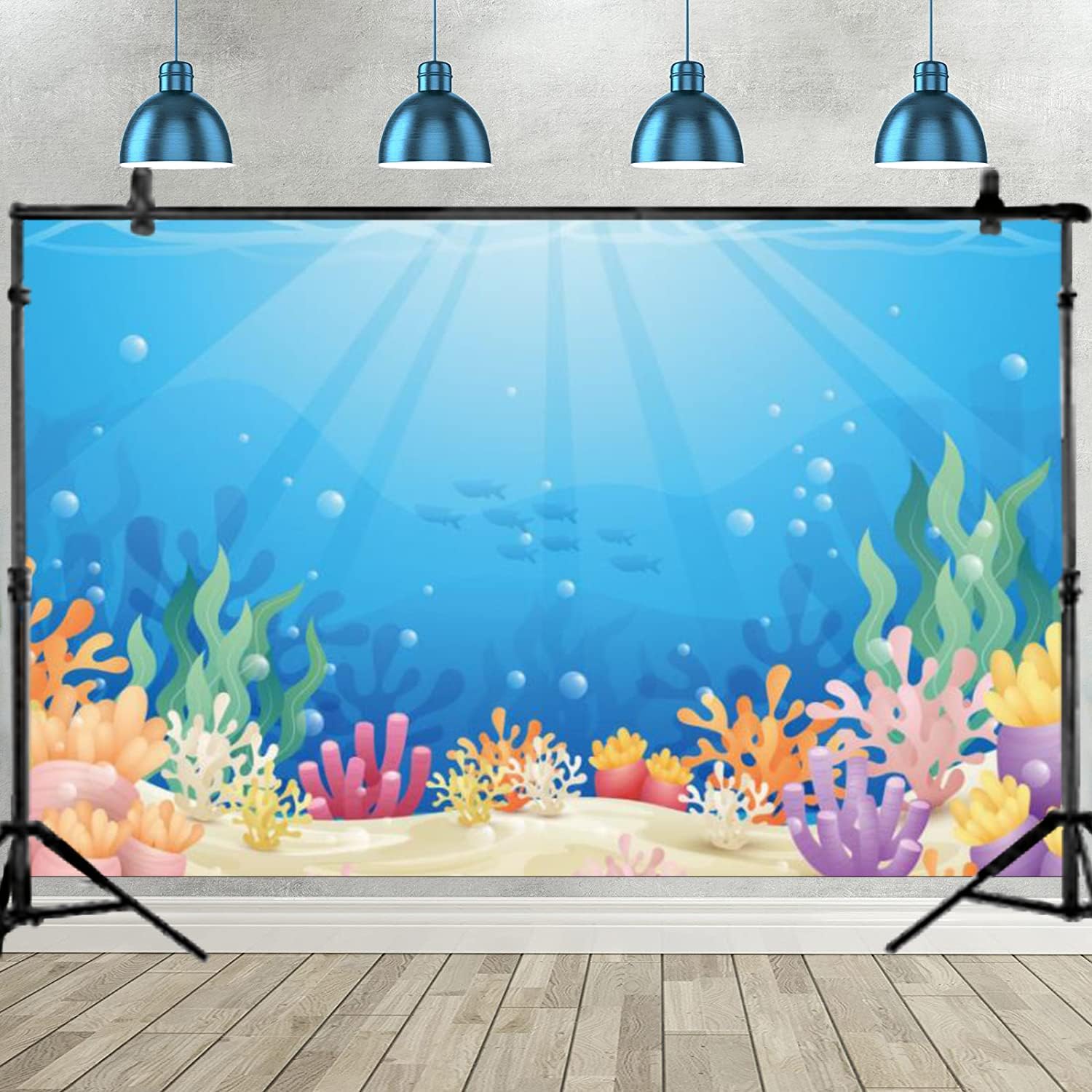 7x5ft Under The Sea Backdrop Colorful Reefs and Algae Decoration Underwater World Backdrops Sun Ray Ocean Photography Background Baby Kids Sea Theme Party Cake Table Banner
