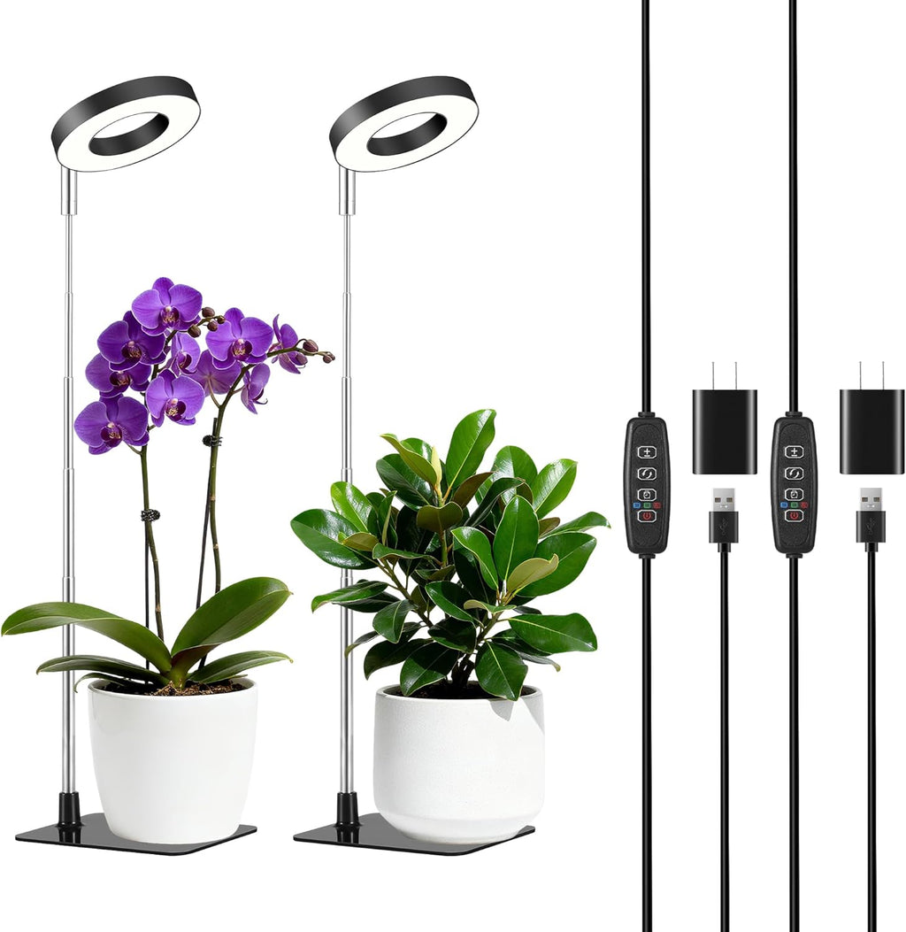 48 LEDs Full Spectrum Grow Lights for Indoor Plants, Height Adjustable, Small Black Halo Plant Light with Base, 3 Light Modes, 10 Brightness, Auto Timer 3/9/12H, 2 Pack