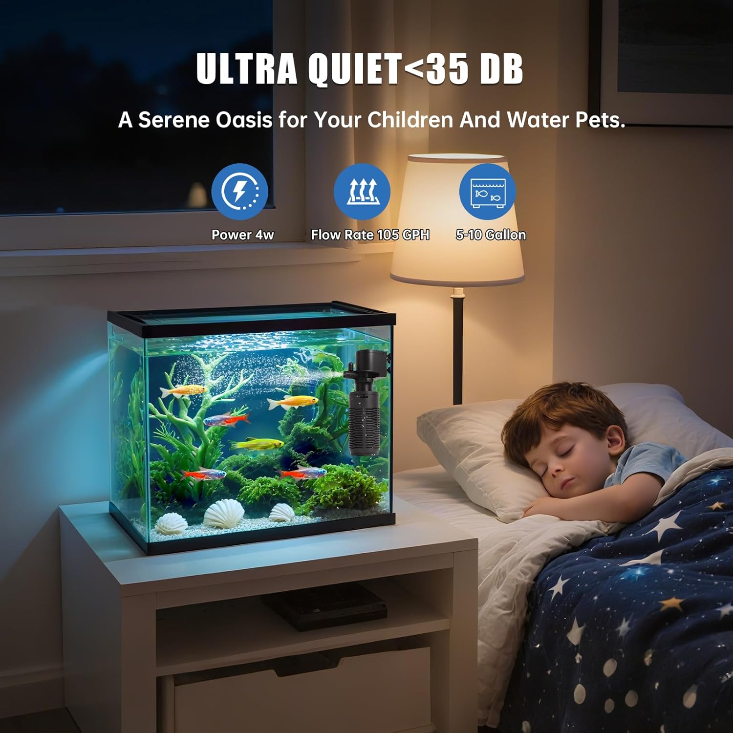 Aquarium Filter for 5-10 Gallon Tank – Ultra Quiet Submersible Filter Pump, 4W Energy Efficient, Adjustable Flow, Easy to Install, for Freshwater Fish and Small Aquariums