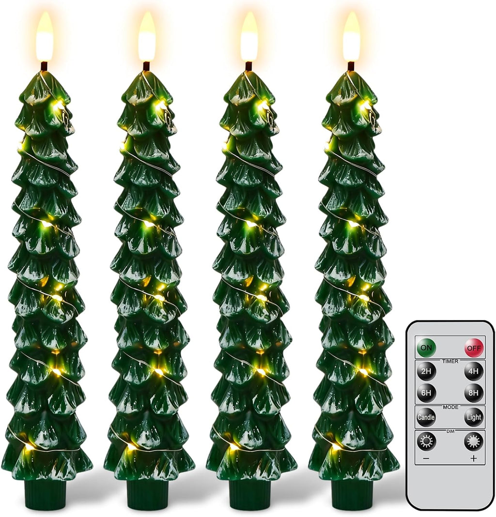 GenSwin Flameless Christmas Tree Candles with Remote Timer, Real Wax Christmas Tree Flameless Taper Candles Battery Operated with String Lights, Set of 4 LED Tree Candlesticks for Home Winter Decor