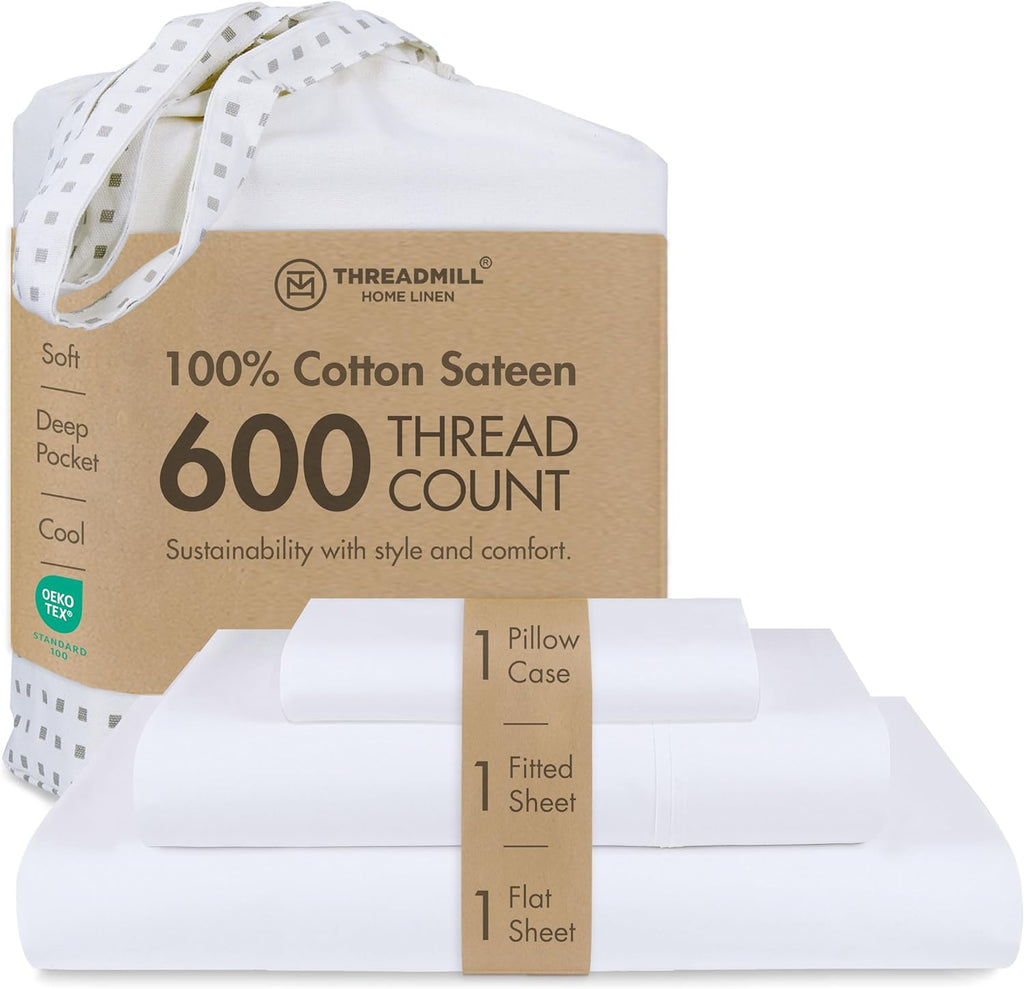 Threadmill 100% Cotton Sheets for Twin XL Size Bed - 600 Thread Count Twin XL Bed Sheets Set with 15” Deep Pocket - Sateen Weave 3-Piece Bedding Set with Cooling Effect, White