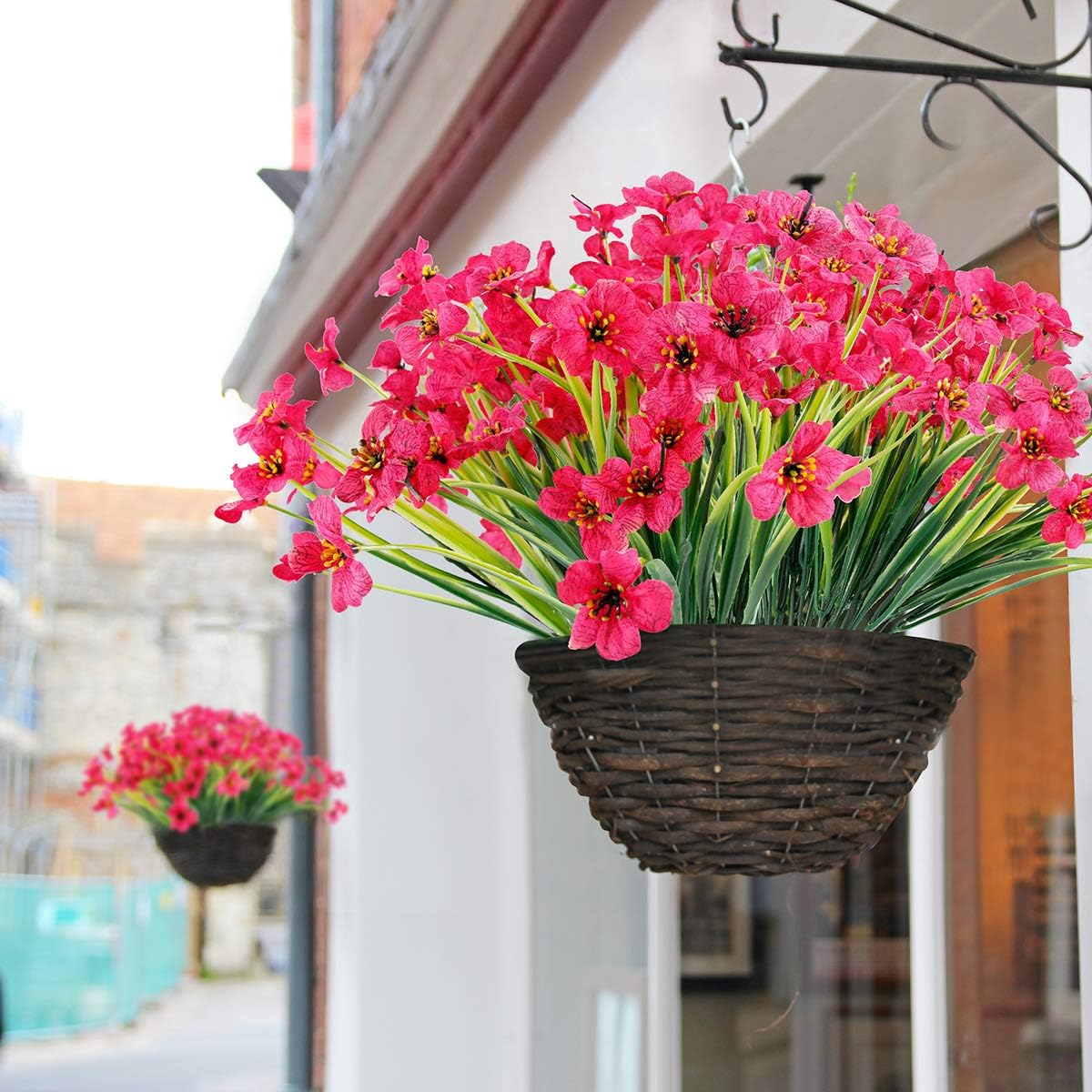 12 Bundles Artificial Flowers Outdoor UV Resistant Fake Flowers No Fade Faux Plastic Plants Garden Porch Window Box Decorating(Rose red)
