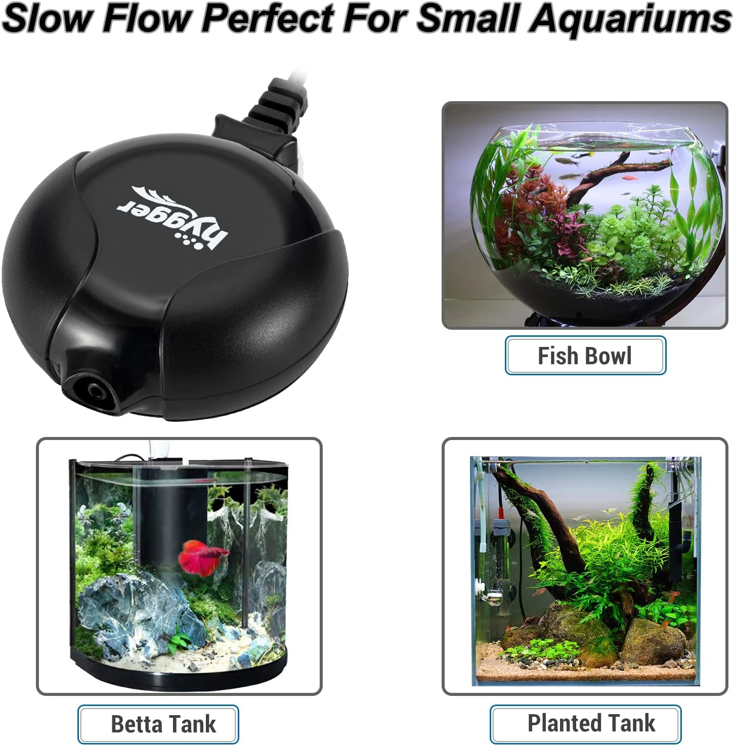 hygger Quiet Mini Air Pump for Aquarium 1.5 Watt Oxygen Fish Air Pump for 1-15 Gallon Fish Tank with Air Stone Air Tubing Clip Black