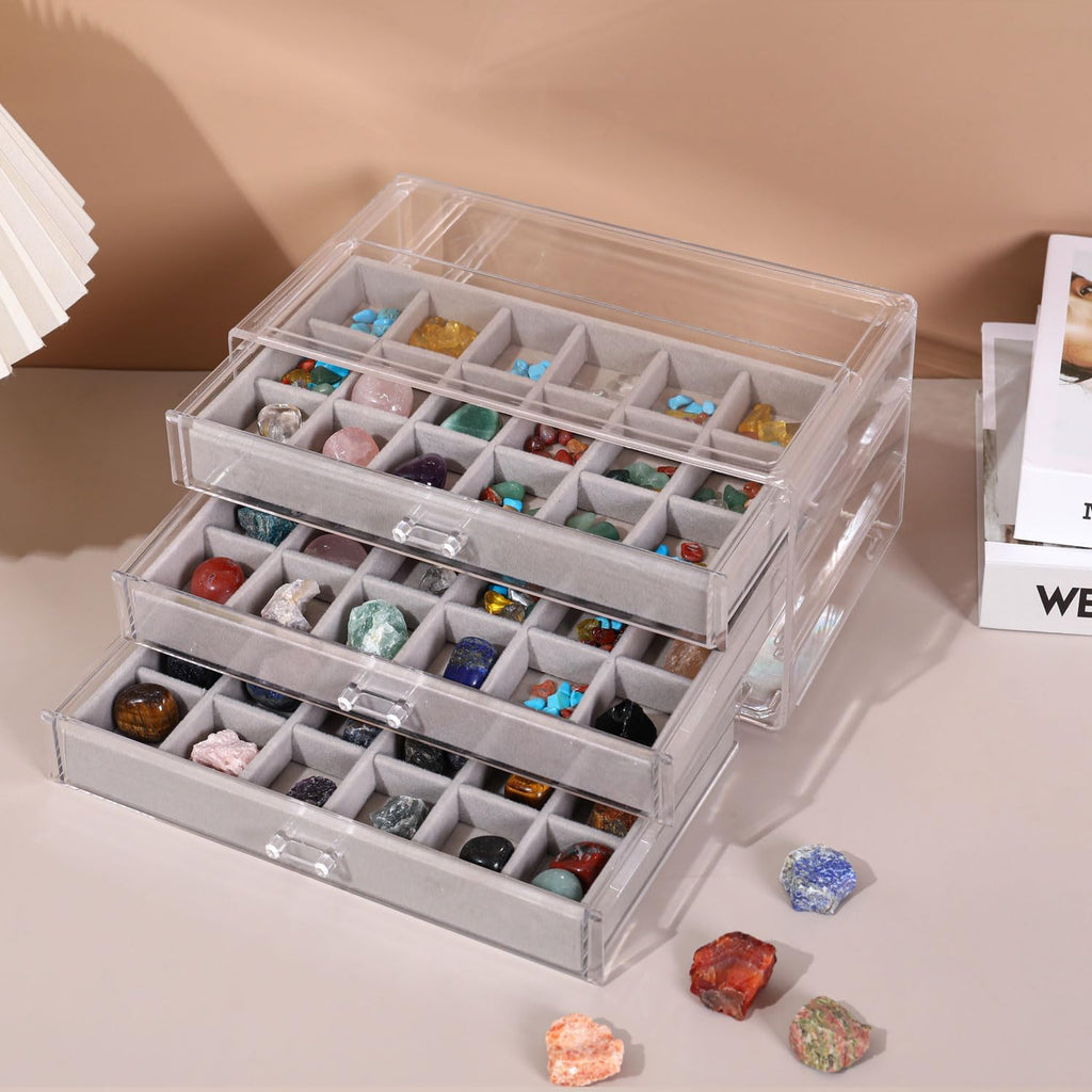Acrylic Rock Collection Display Case with 54 Grids Storage Compartments Rock Collection Boxes Display Organizer Collection Storage Display Cases for Collectibles Crystal /Rock（Gery）