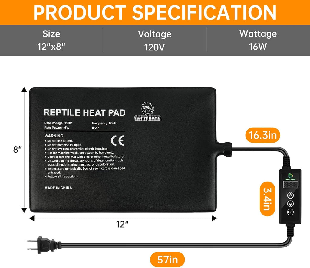 Reptile Heat Pad with Digital Thermostat, Under Tank Terrrarium Heat Mat 16W 8 * 12 Inch, Temperature Controller Heating Pad for Reptile, Turtles, Lizards, Snake, Hermit Crab, Frogs