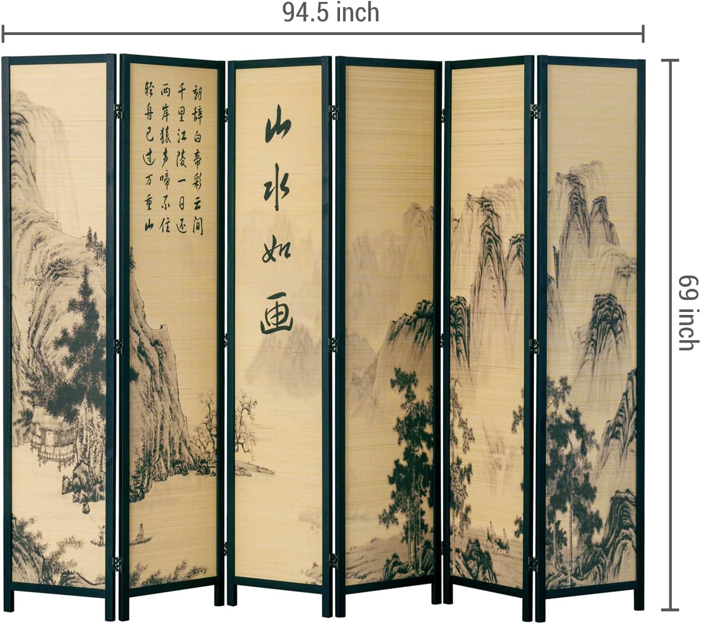 MyGift Decorative 6 Panel Folding Room Divider Bamboo Screen with Chinese Calligraphy Design, 6FT Freestanding Floral Artwork Room Partitioner with Black Wood Frame 94.5''W x 69''H