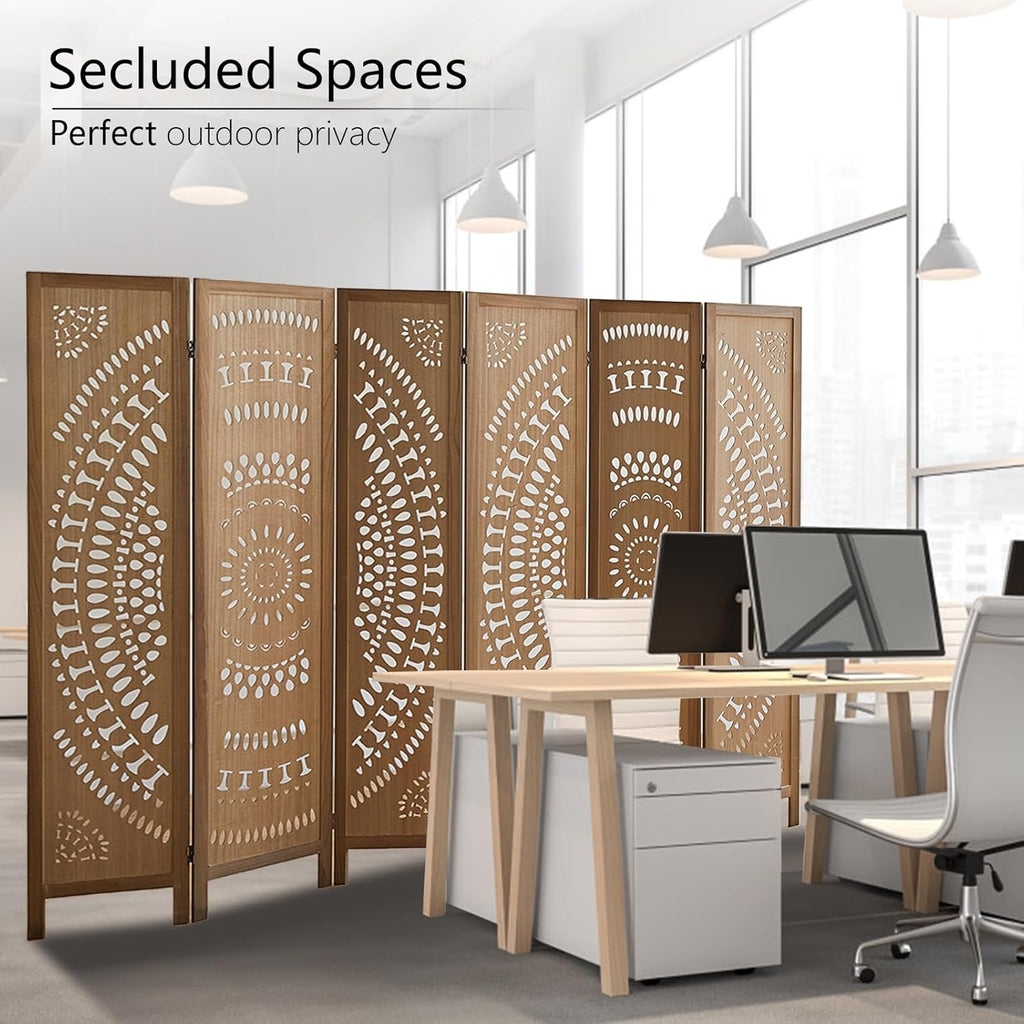 Wood Room Divider Wall and Folding Privacy Screen, 5.6 FT Tall Room Divider 6 Panel, Foldable Divider Panel, Environmentally Friendly Carved Privacy Divider for Home Bedroom Office (Brown)