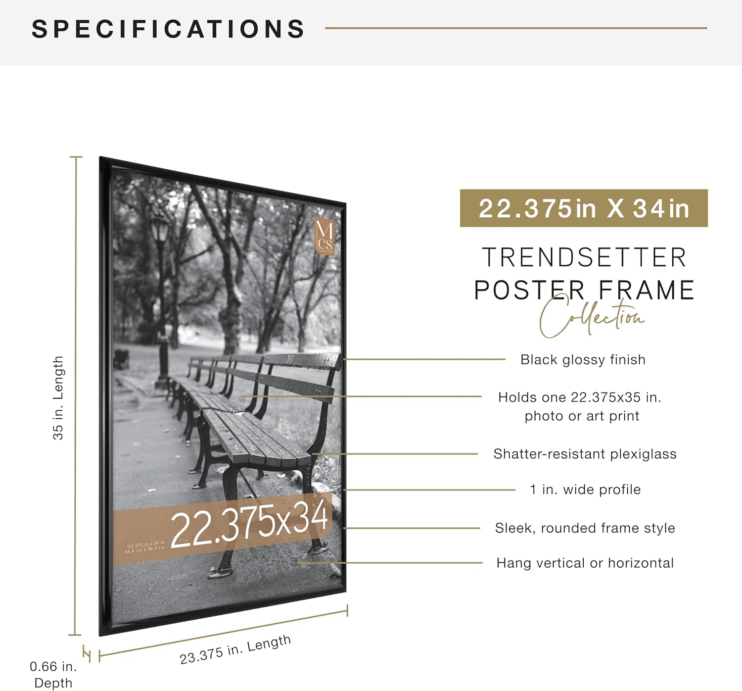 MCS Trendsetter 22.75x34 Poster Frame Black High-Gloss, Vertical & Horizontal Wall Hanging Large Picture Frame for Photos, Posters & Art Prints (1-Pack)
