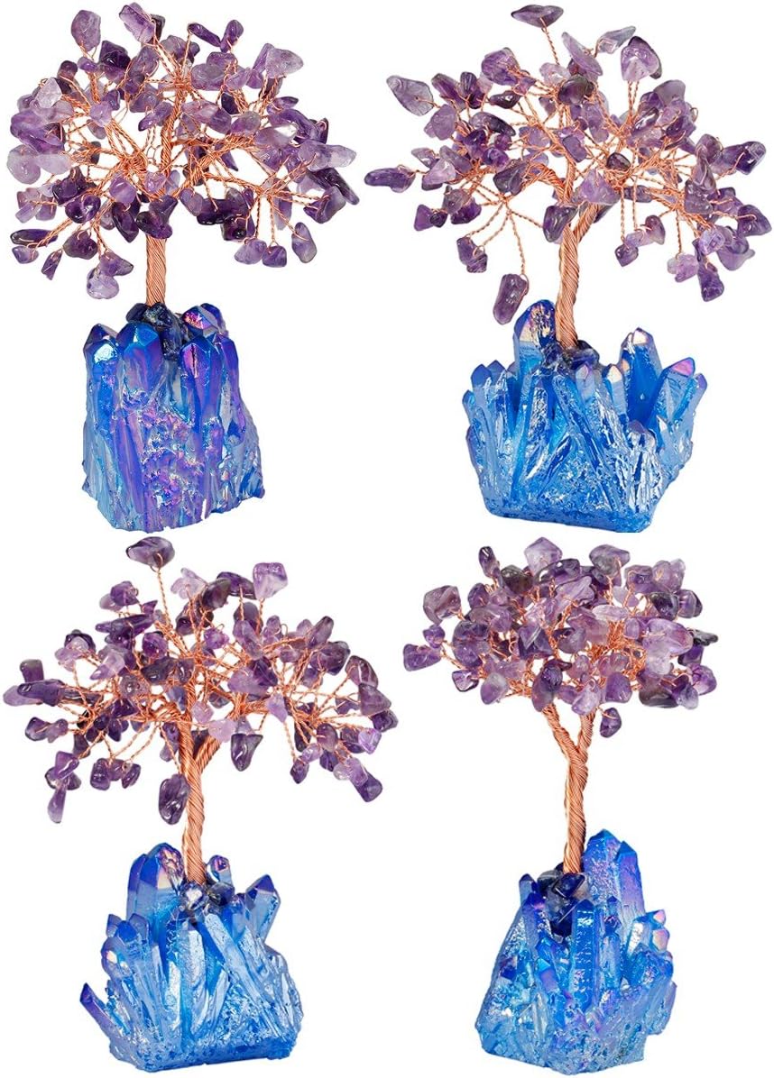 mookaitedecor Amethyst Crystal Tree, Quartz Cluster Blue Titanium Crystals Base Bonsai Money Tree for Wealth and Luck