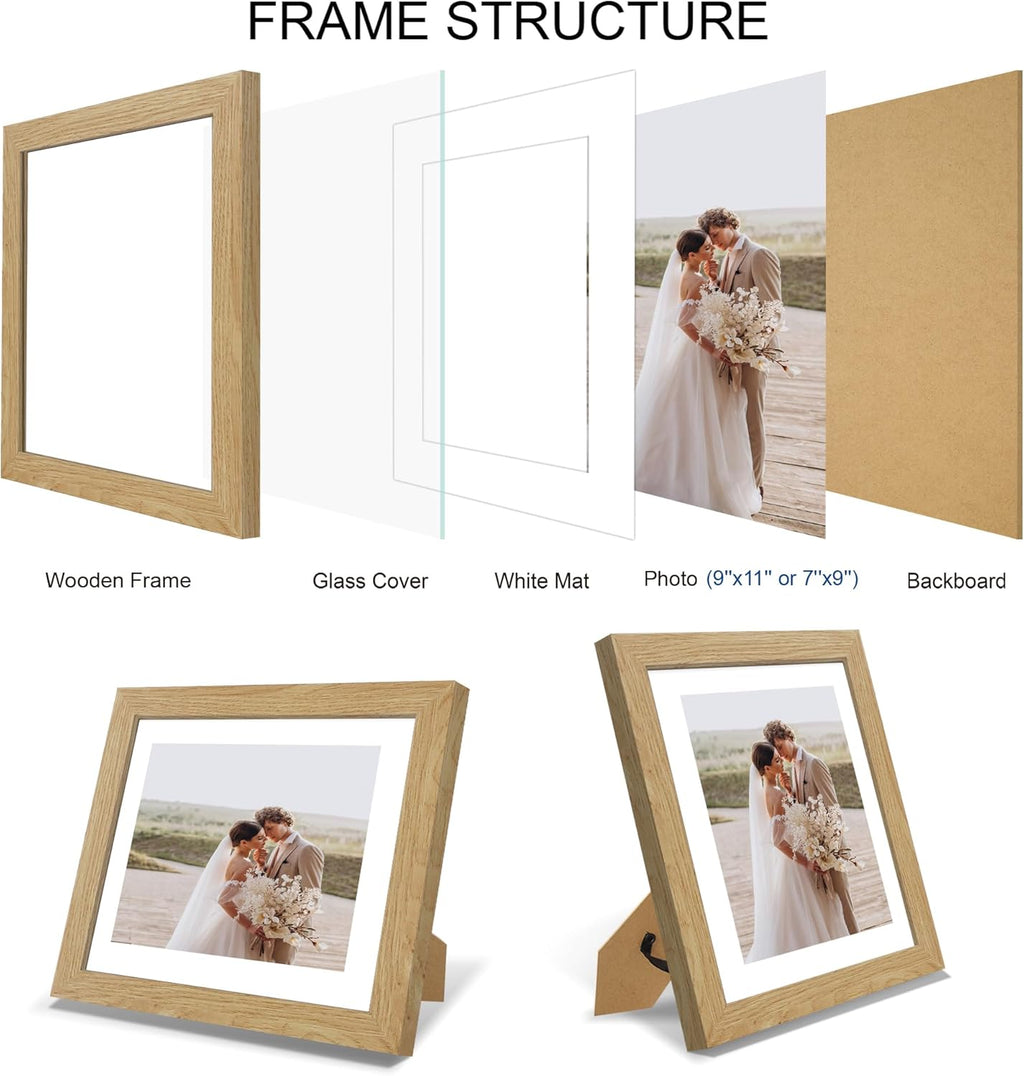 9x11 Picture Frame Set of 4, Made of Real Glass and Natural Oak Frame - Display Picture 7x9 with Mat or 9x11 Without Mat, 9 by 11 Photo for Wall or Tabletop