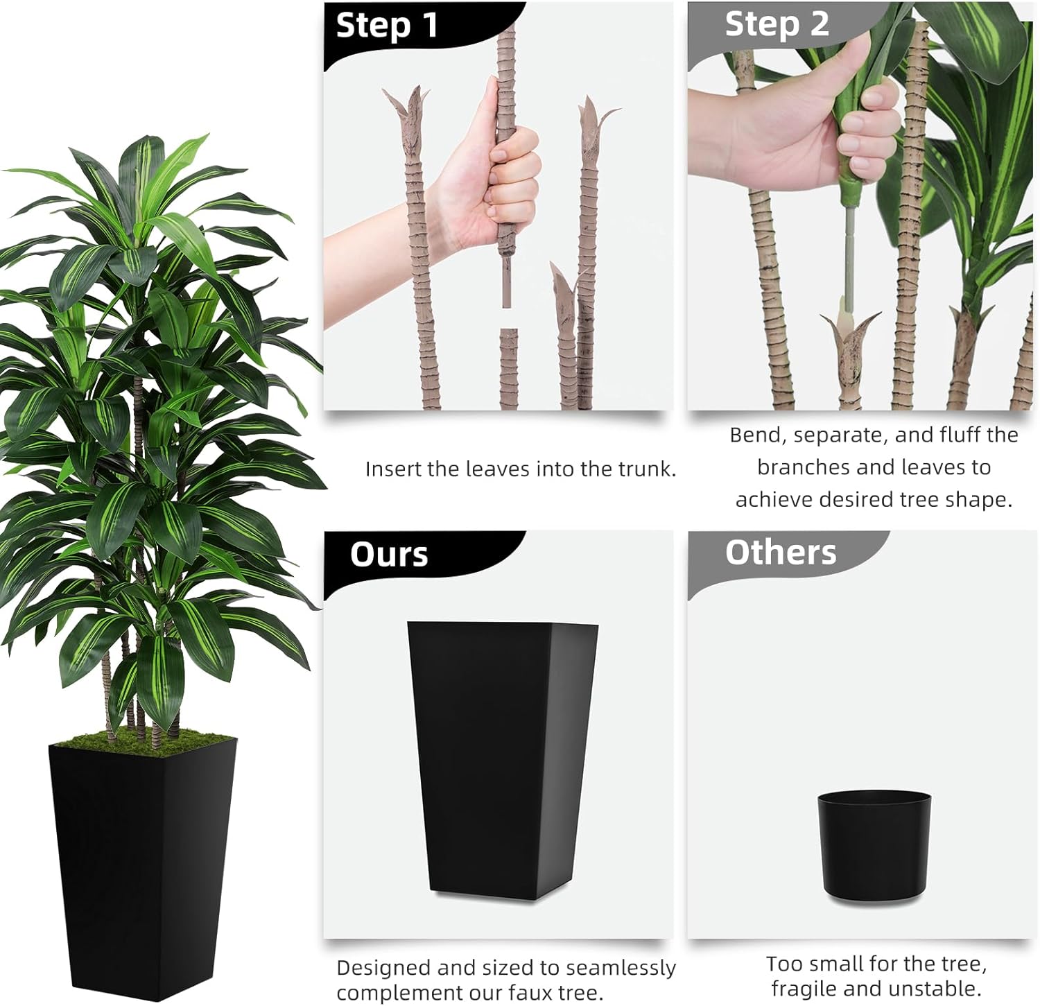 Artificial Dracaena Plant Indoor 5FT - Fake Tree with Gray Tall Planter - Faux Yucca Tree Tall Fake Floor Plant in Pot - Artificial Trees for Home Office Indoor