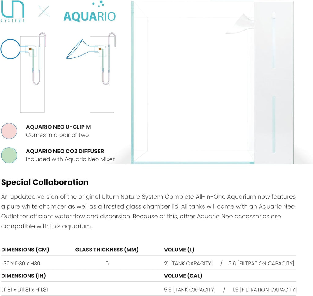 Ultum Nature Systems Rimless All in One Aquarium - Cube Fish Tank, Freshwater AIO Aquarium, Rimless Fish Tank w/Triple-Chamber Filter & White Background - 7 Gallon - 11.81" x 11.81" x 11.81" - 30A