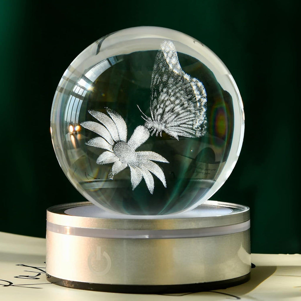 IFOLAINA 3D Butterfly Crystal Ball Decor Lamp Gifts Ideas for Girlfriend Wife Mom Couple Her Birthday Christmas Butterfly on Sunflower in Glass Ball