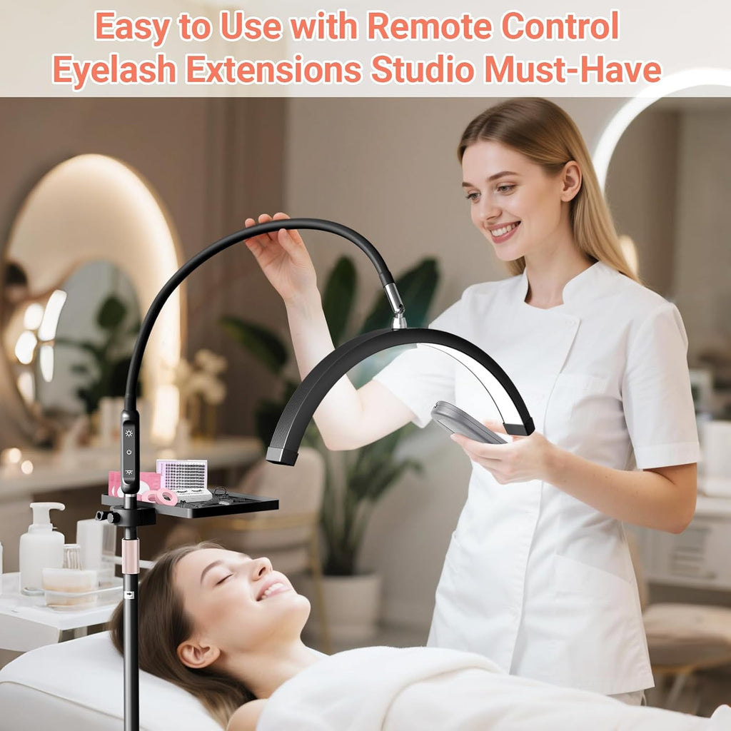 LIONVISON Half Moon Lash Light: 6500K LED Lamp Ring Light with Tray - 360° Flexible Gooseneck Durable Metal Stand - Salon Use for Lash Artists Eyelash Extensions (18In Black)