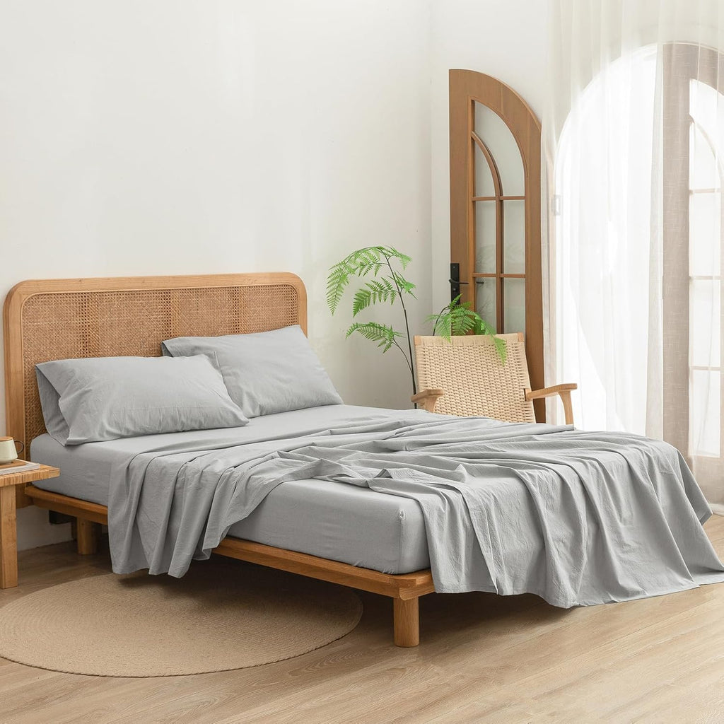 BESTOUCH Sheet Set 100% Washed Cotton Linen Feel Super Soft Comfortable Chic Lightweight 3 Pcs Home Bedding Set Solid Northern Droplet Grey Twin