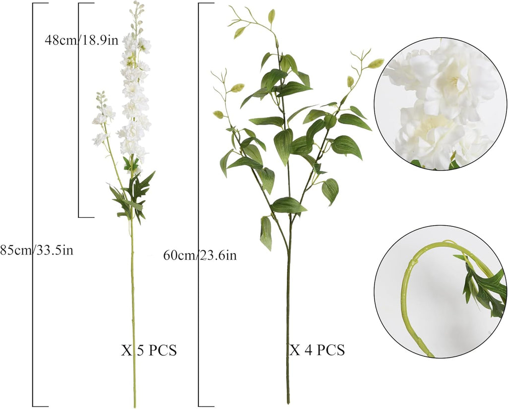 IPOPU White Flowers Artificial Delphinium 9PCS with Clematis Greenery for Wedding & Home Decor