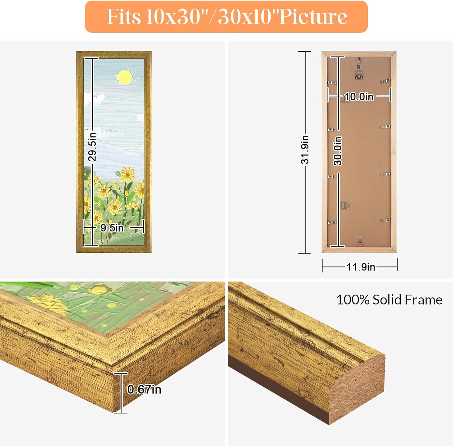 Wood 10x30 Frame Gold, Ornate Natural 30x10in Poster Picture Frame, Modern Golden 10 x 30inch Gallery Wall Photo Frame with HD Plexiglass, Horizontal Vertical Wall Mounting Display 1pcs