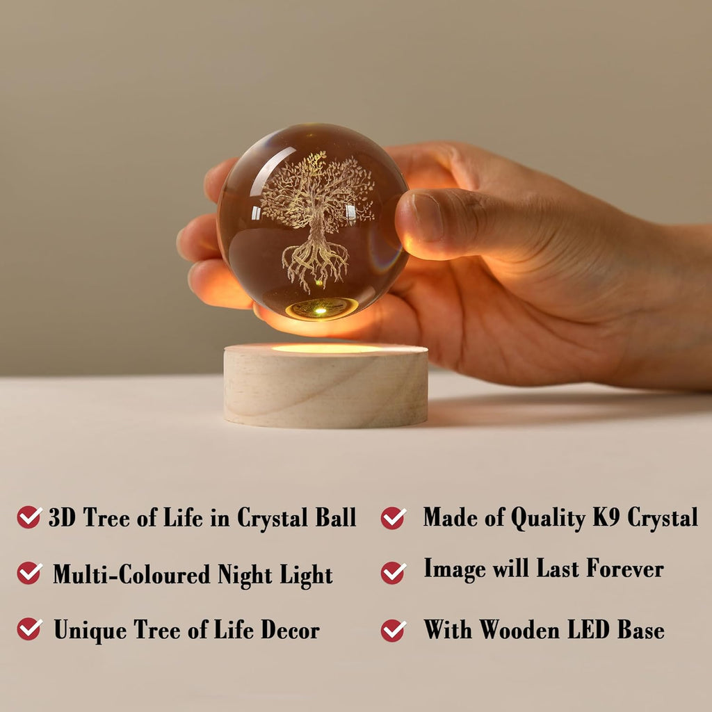 IFOLAINA Tree of Life Crystal Ball with Lighted Base Laser Engraved Glass Ball Tree of Life Night Light Decorative Globes 3D Crystal Plant Sphere Gifts for Her Birthday