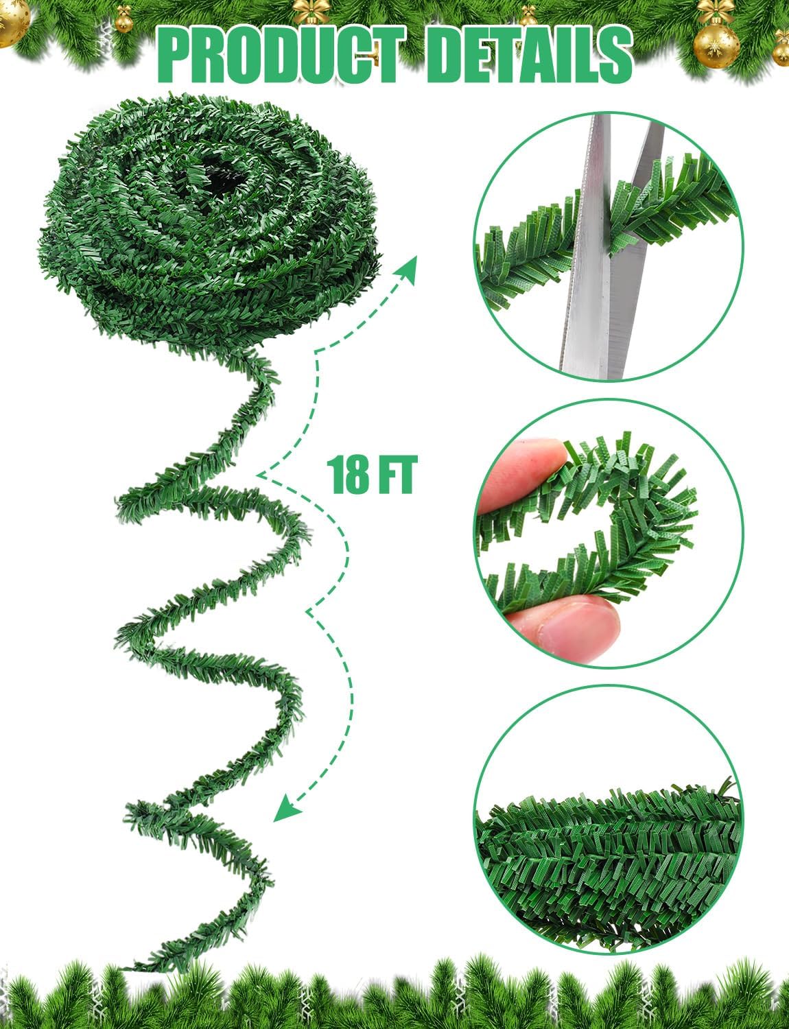 108Ft Christmas Artificial Miniature Pine Garlands, Realistic Mini Pine Greenery Roping Garland for Christmas Crafts Indoor Outdoor Decoration(18Ft x 6 Rolls)