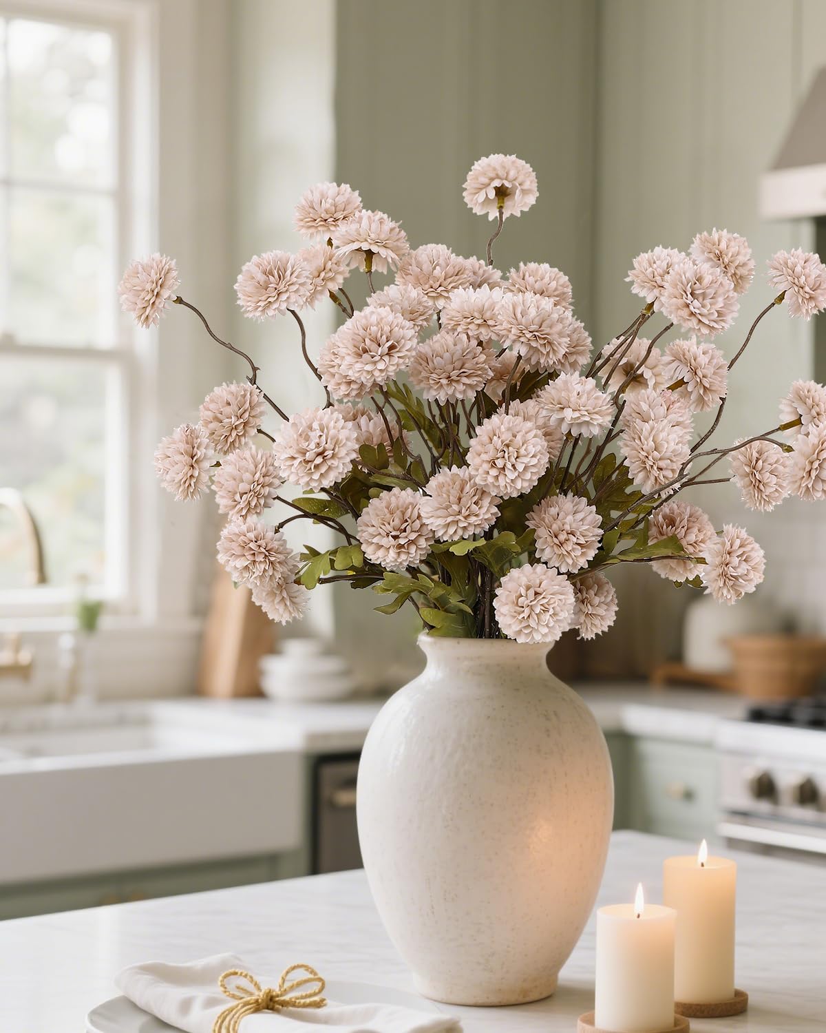 DuHouse 6pcs Artificial Flowers Faux Silk Pompon Mum,Silk Small Mini Chrysanthemum Ball with Stems for Wedding DIY Champagne Arrangements Bouquets Centerpieces Home Decorations(Beige)