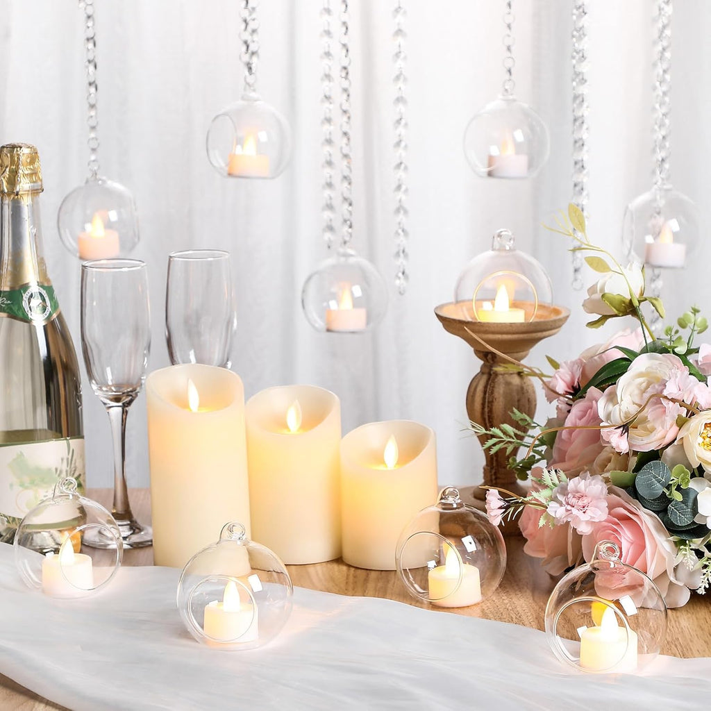 3.15'' Hanging Glass Tealight Holder Globe and Clear K9 Crystal Garland Strands, Hanging Glass Terrarium Containers for Wedding Party Tree Decoration(34 Pcs)