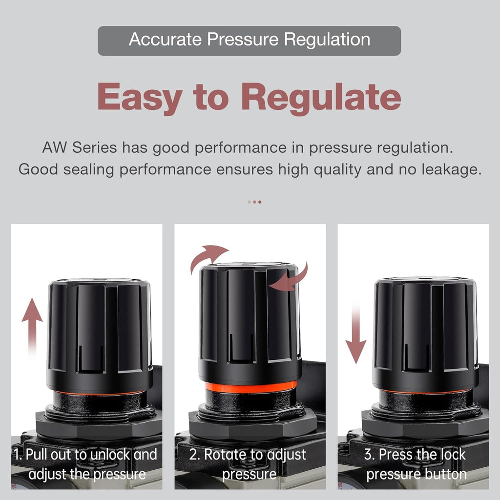 SNS 1/2”NPT Compressed Air Filter Regulator Piggyback Combo, Semi-auto Drain, 5 Micron Brass Filter, Gauge and Bracket, Poly Bowl with Metal Guard AW4000-N04A